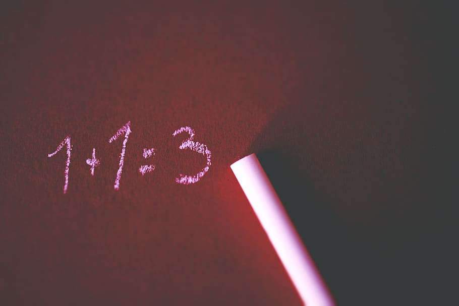 1+1=3, addition, chalk, close-up, dark, education, equation, light, HD wallpaper