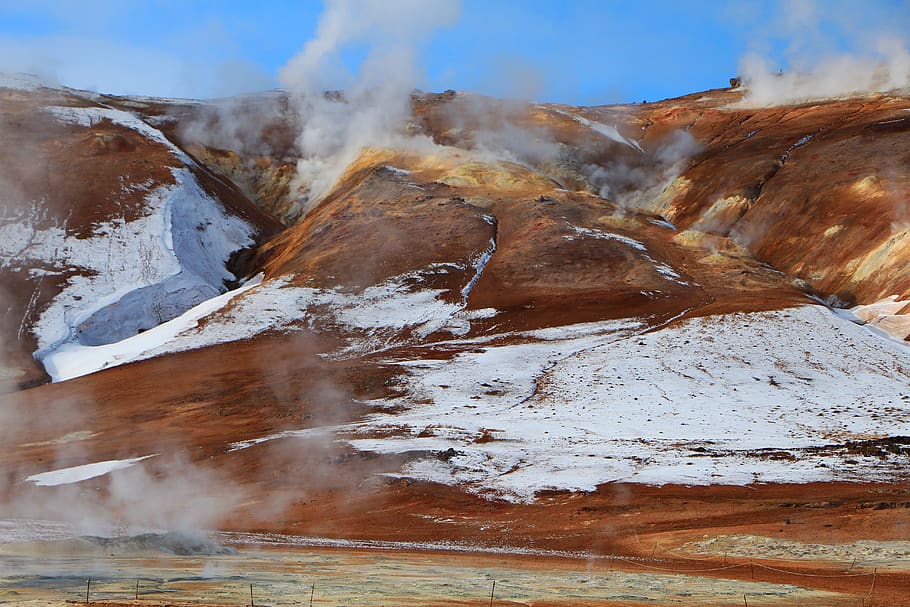 snow-covered mountain under blue sky, nature, iceland, geyser HD wallpaper