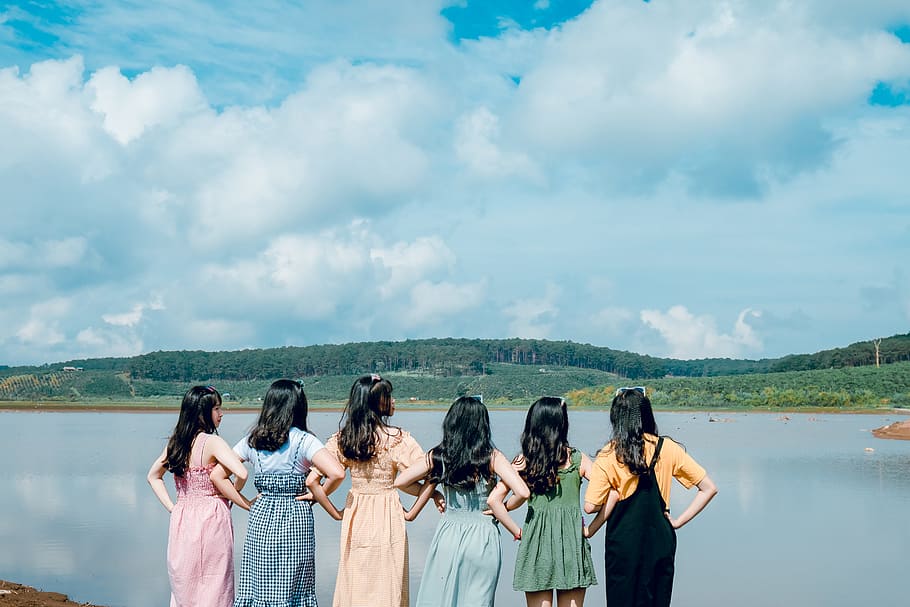 Six Girls in Front of Body of Water, clouds, cloudy sky, daylight HD wallpaper