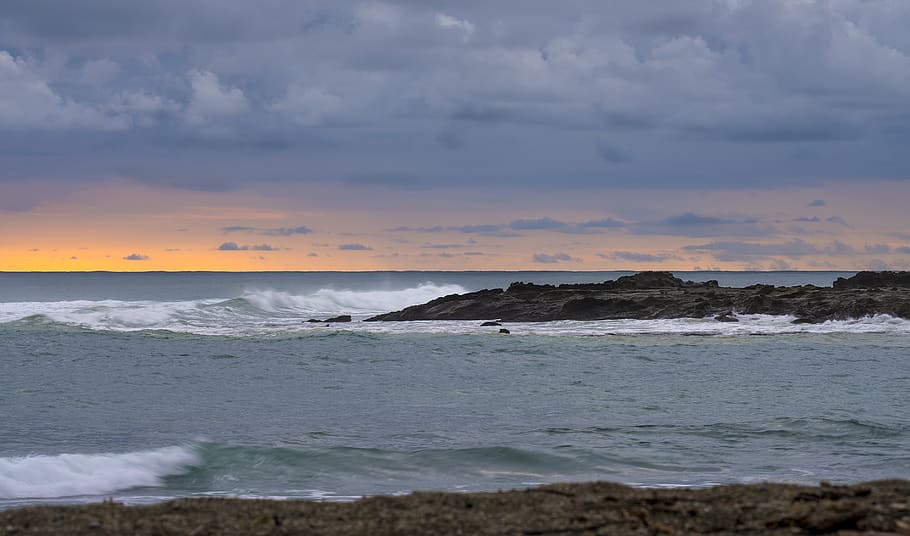 costa rica, playa carmen, rocks, ocean, water, sunset, clouds, HD wallpaper