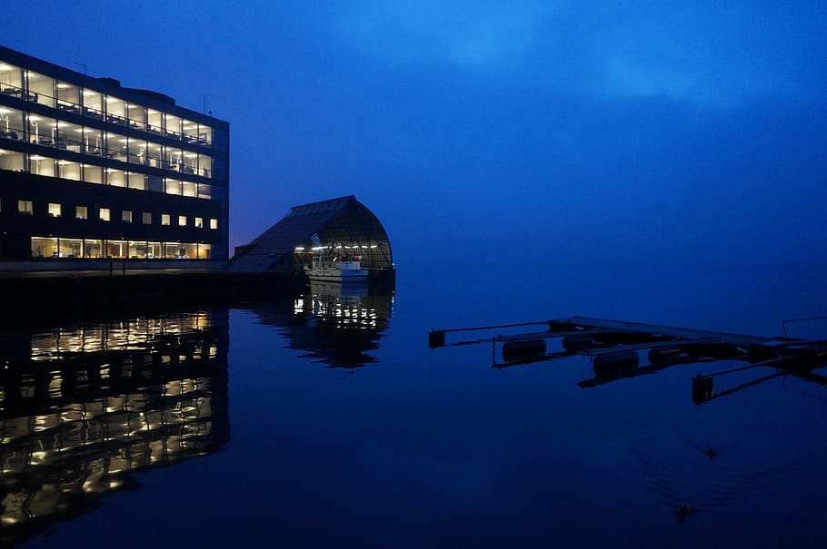 ship at the port during night, office building, architecture HD wallpaper