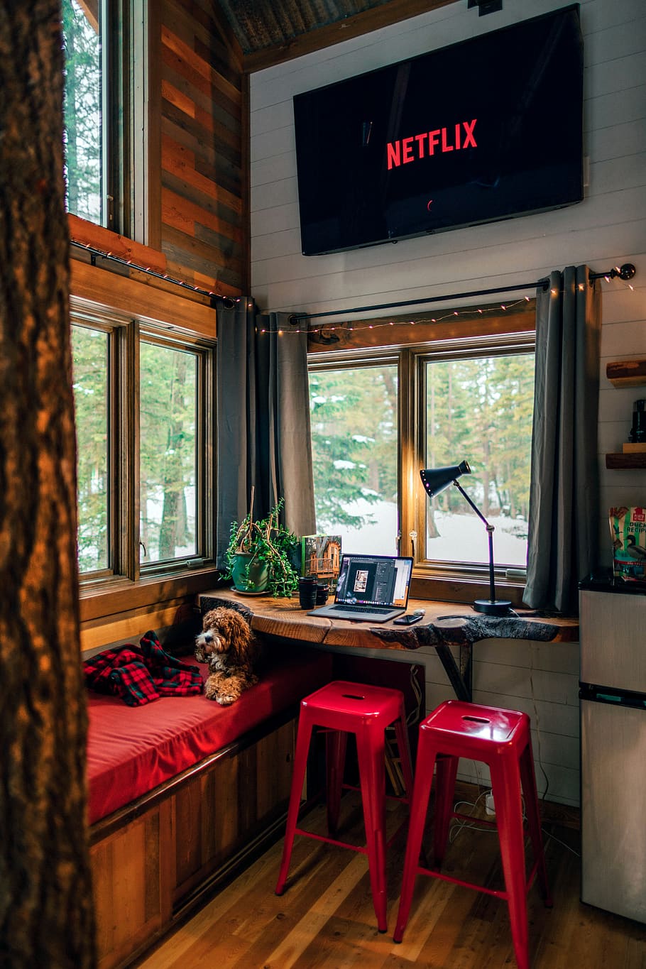 black flat screen TV, window, seat, indoors, chair, no people HD wallpaper