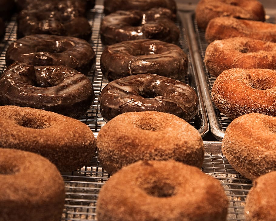 fresh, baked, donuts, chocolate, sugar, dessert, round, circle HD wallpaper