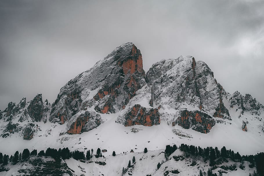Snow Capped Mountain Under Gray Clouds, adventure, altitude, climb HD wallpaper