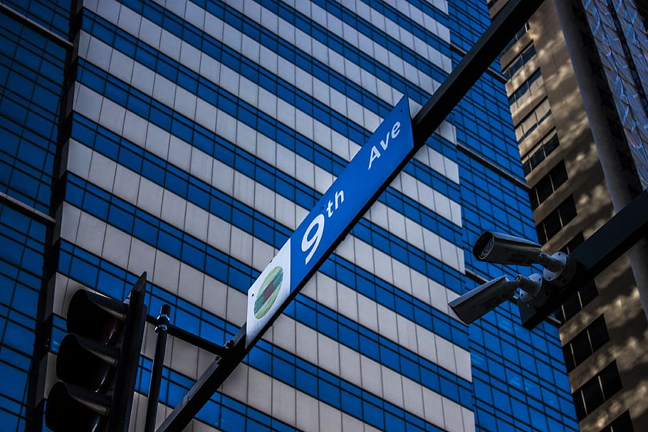 9th Ave. road sign, building, office building, light, traffic light HD wallpaper