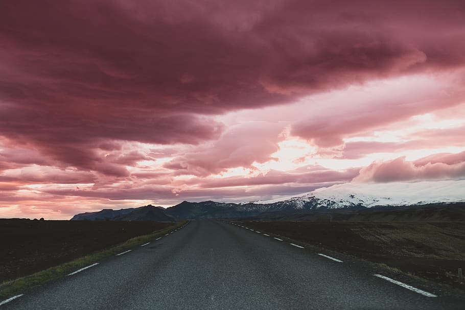 road, clouds, pink, iceland, mountains, cloud - sky, transportation HD wallpaper