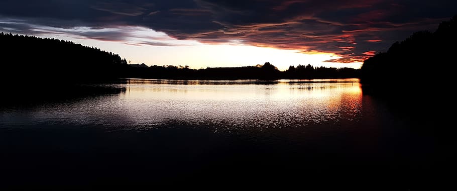 clouds, lake, forest, sunset, mirroring, reflex, sky, dramatic HD wallpaper