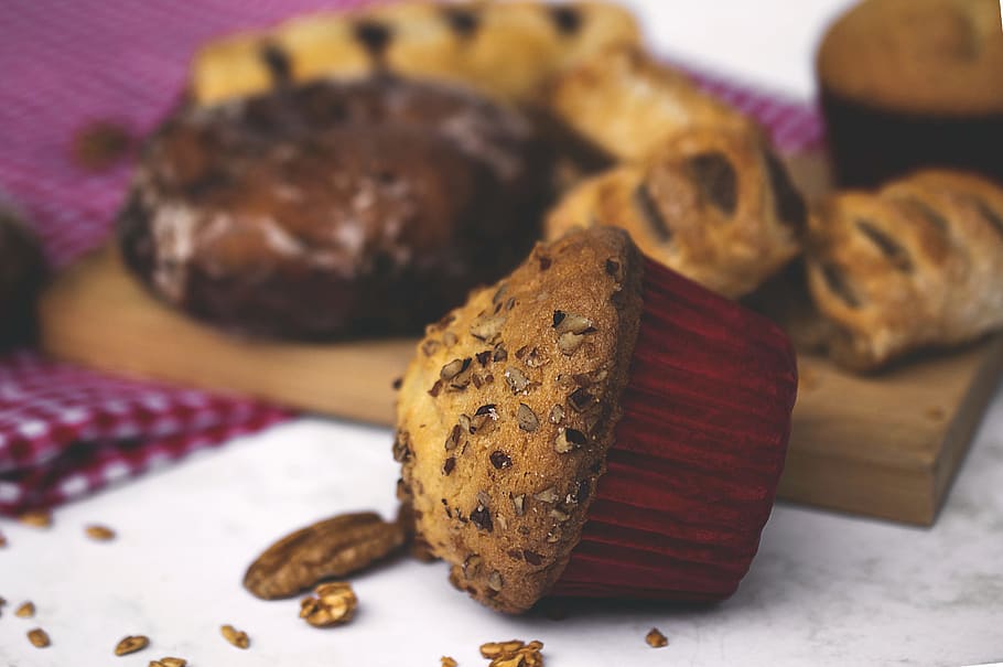 selective focus of muffins, plant, food, vegetable, nut, produce HD wallpaper