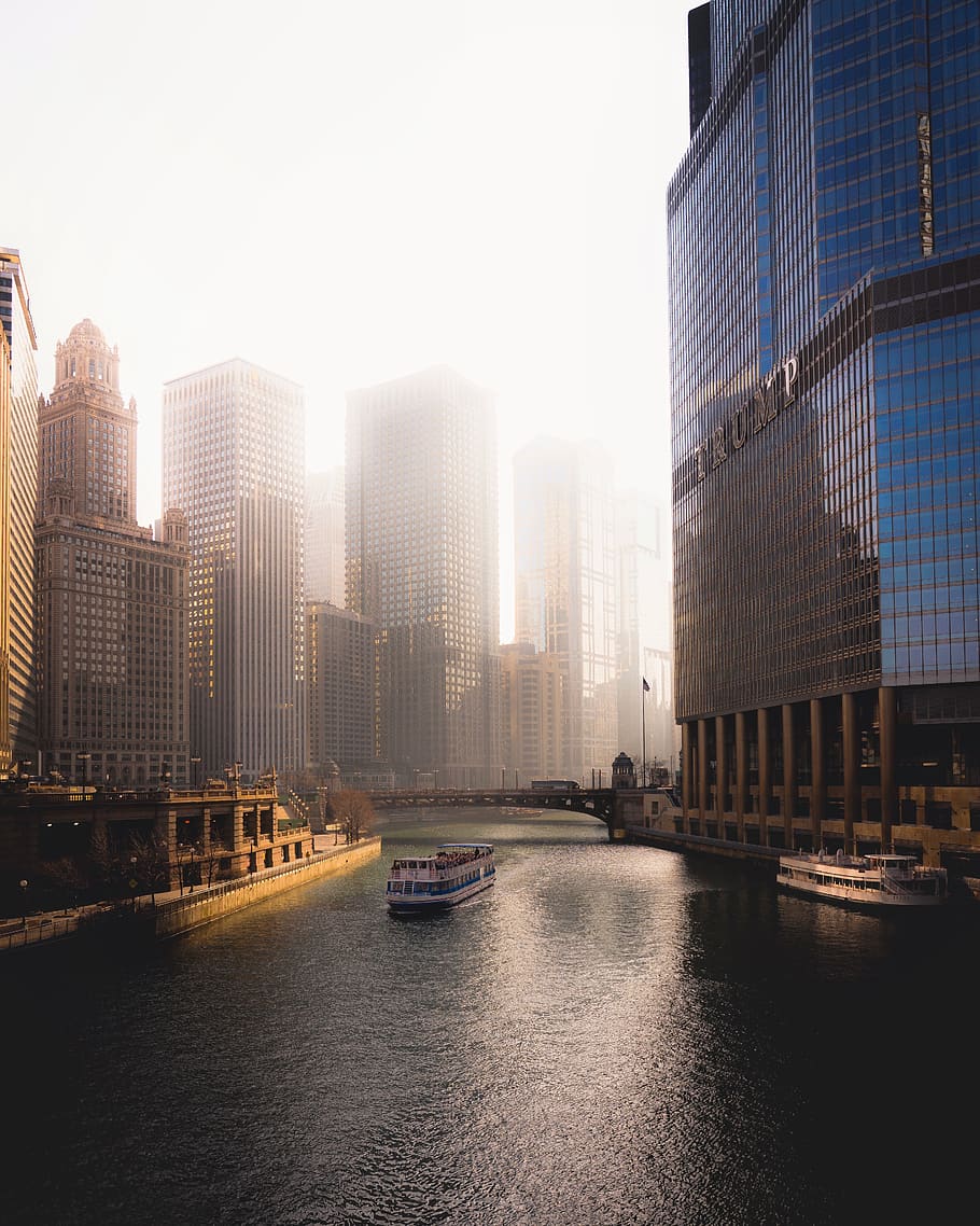 Boat Between High Rise Buildings, architecture, city, downtown HD wallpaper