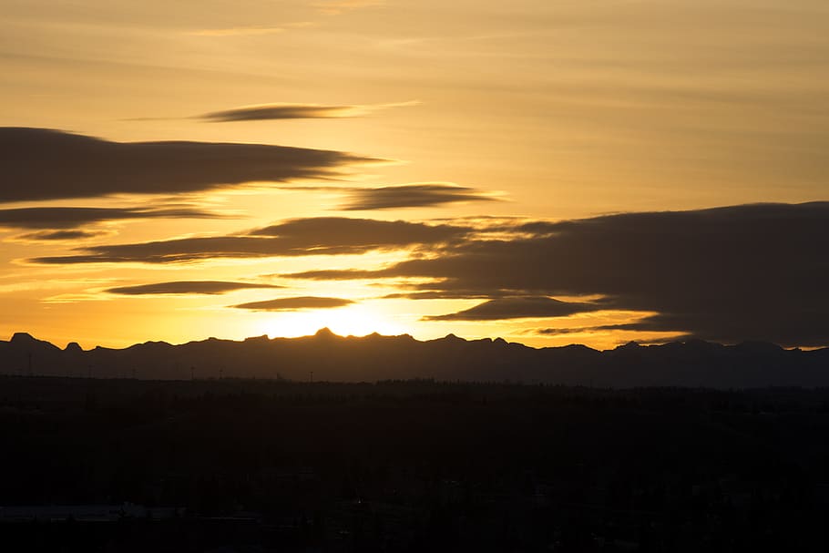 sunset, silhouette, mountains, clouds, orange, landscape, west HD wallpaper