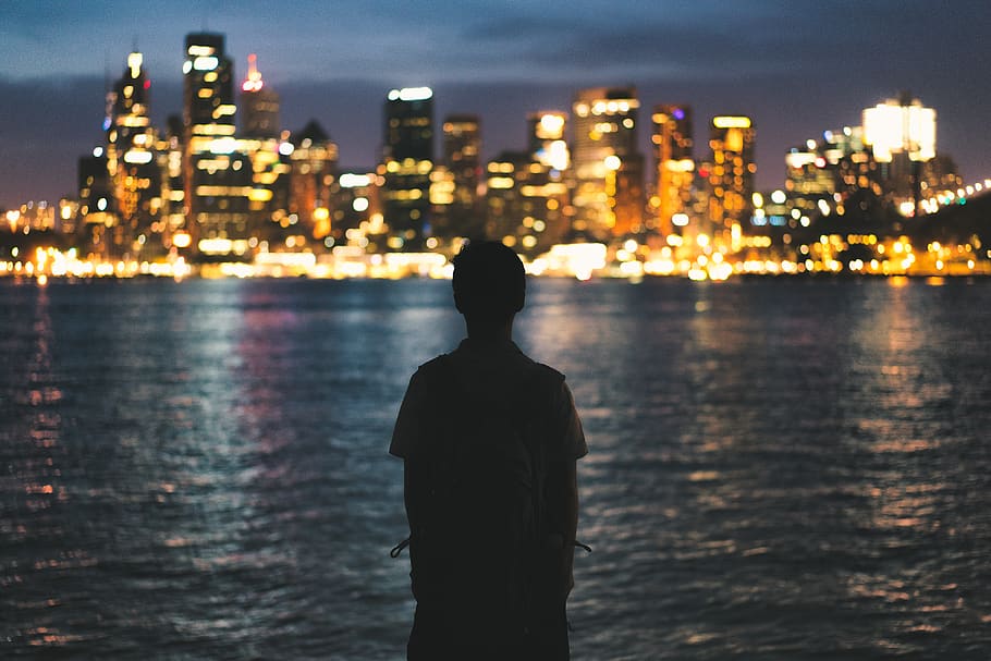 silhouette of person standing near light buildings, human, urban, HD wallpaper