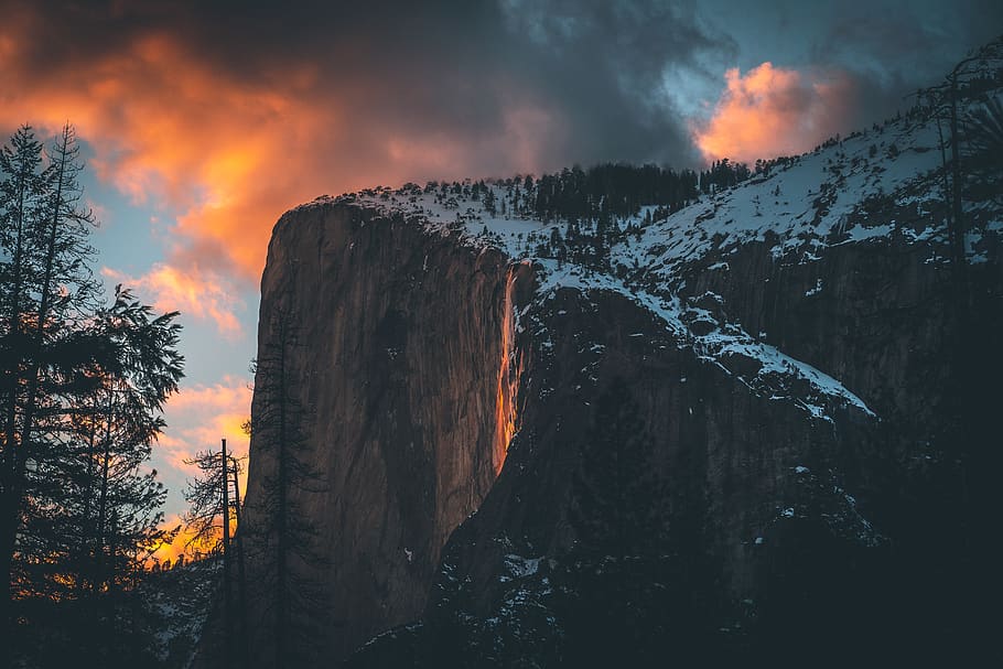 pine tree icy mountain scenery, sunset, nature, fire, beauty in nature HD wallpaper
