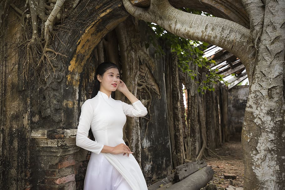 Woman in White Dress Under Tree, abandoned, ao dai, architecture