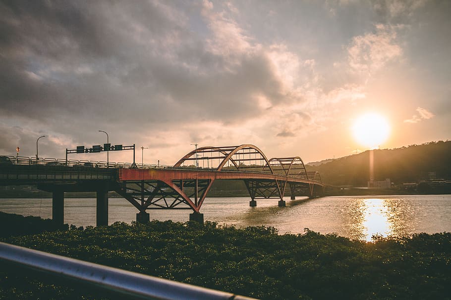 Landscape Photo of Bridge Near Body of Water, clouds, dusk, mountain HD wallpaper