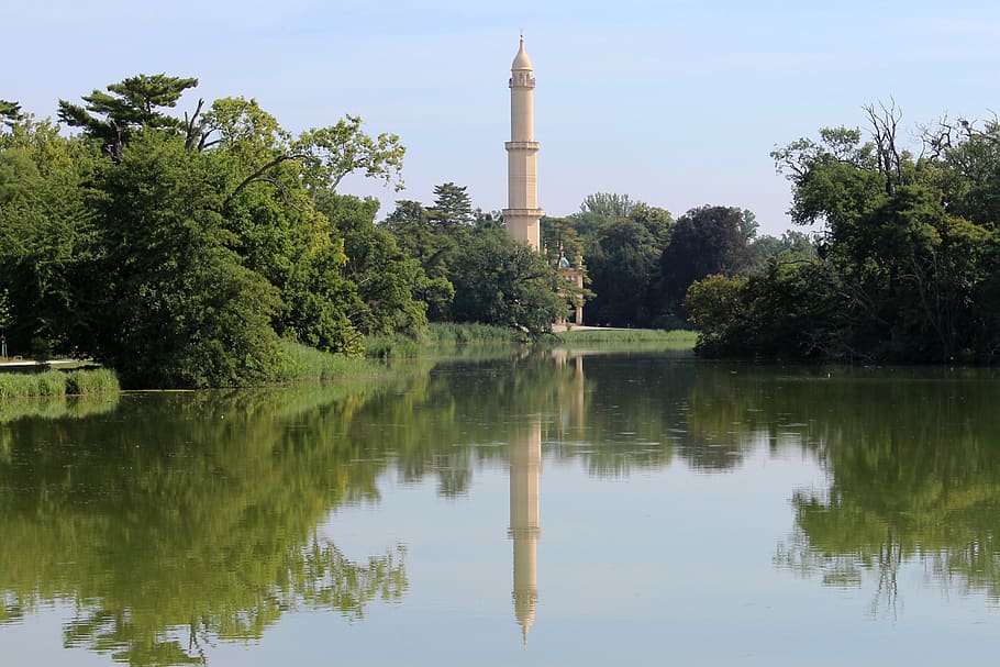 minaret, fridge, memorial, tower, architecture, building, pond HD wallpaper