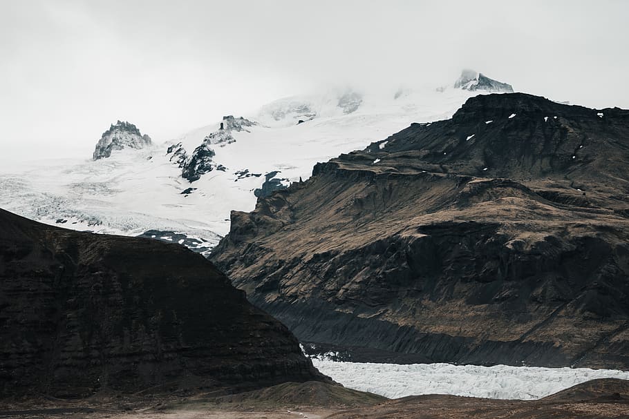 snow capped mountains under white sky, nature, outdoors, ice HD wallpaper