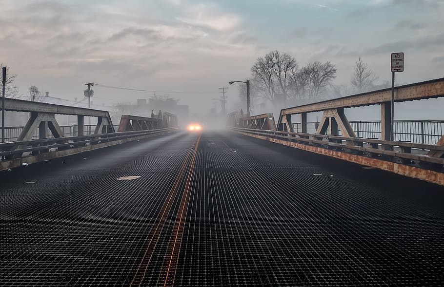 fog, bridge, car, sky, transportation, city, sunset, small bridge HD wallpaper