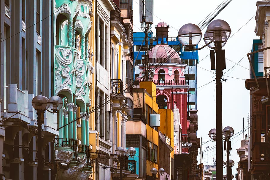peru, lima district, color, colour, yellow, blue, green, building