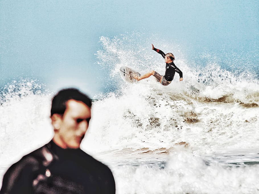surfing man, biarritz, summer, water slide, surfer, ocean, sea HD wallpaper