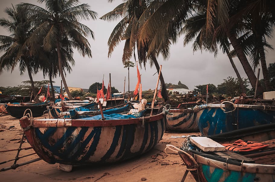 vietnam, beach, ship, flag, trees, streetlife, nautical vessel HD wallpaper