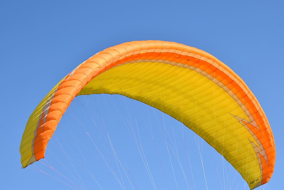 paragliding, sailing, wing, wind, wing color yellow orange HD wallpaper