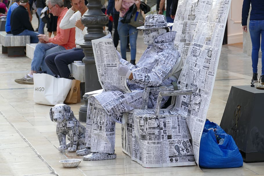 image, statue, alive, artist, street artist, newspaper, newsprint HD wallpaper