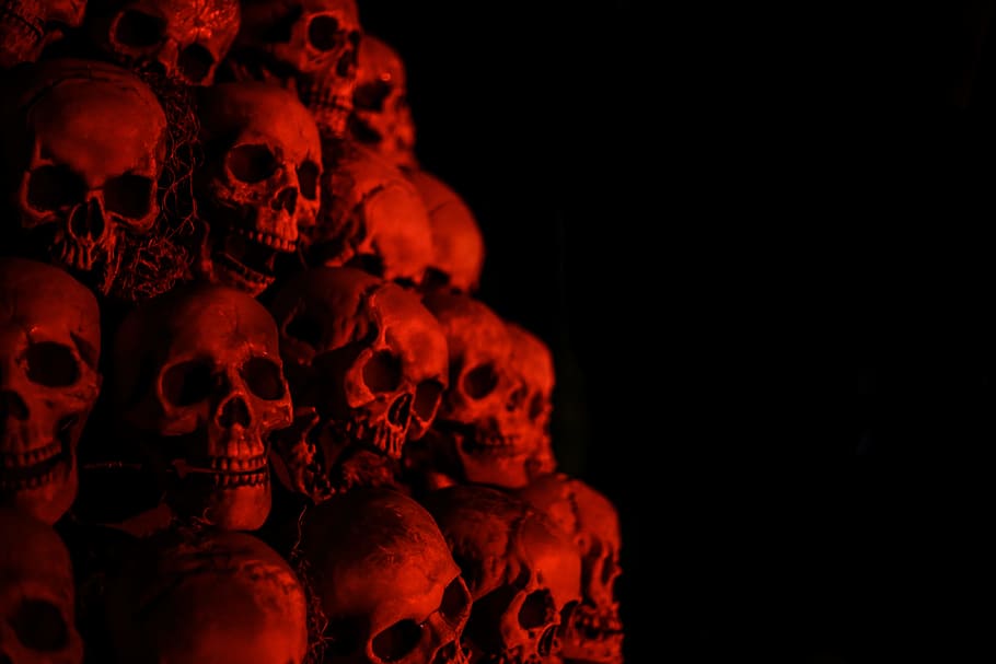 gray skull wallpaper, skulls, light, halloween, red, horror, eerie, HD wallpaper