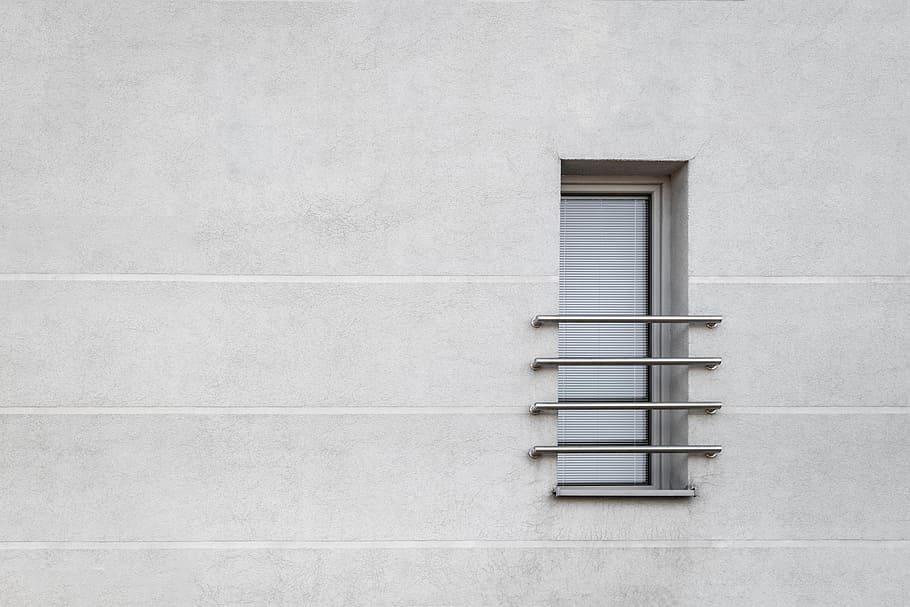 gray concrete structure window, wall, bar, blinds, exterior, urban HD wallpaper
