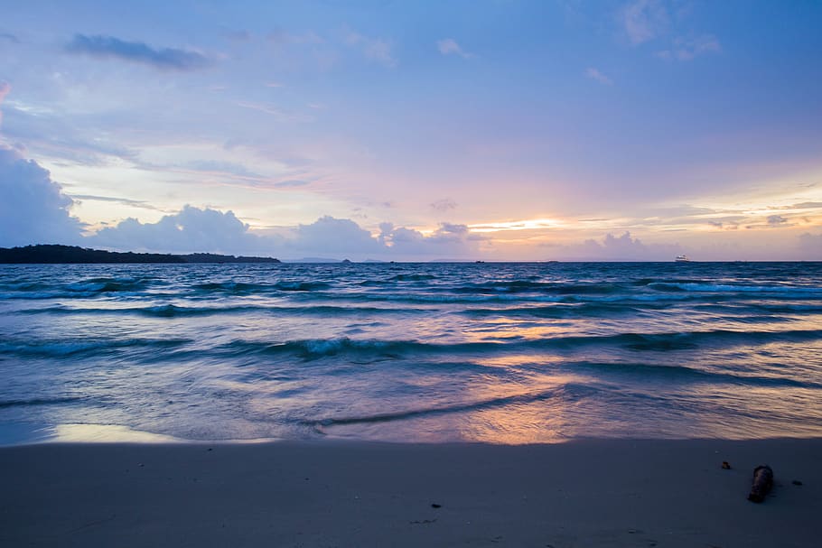 low tide, beach, sunset, dusk, skyline, waves, water, sea, beauty in nature HD wallpaper