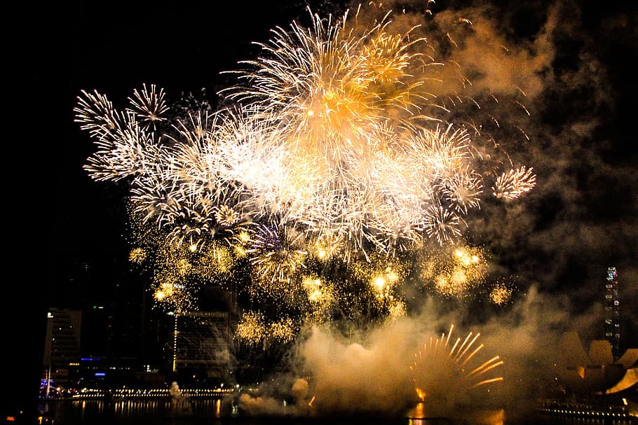 new year, light, fireworks, celebration, city, singapore, night HD wallpaper