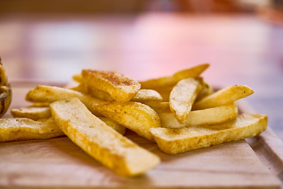 Fries on Brown Table, chips, delicious, fastfood, focus, food photography