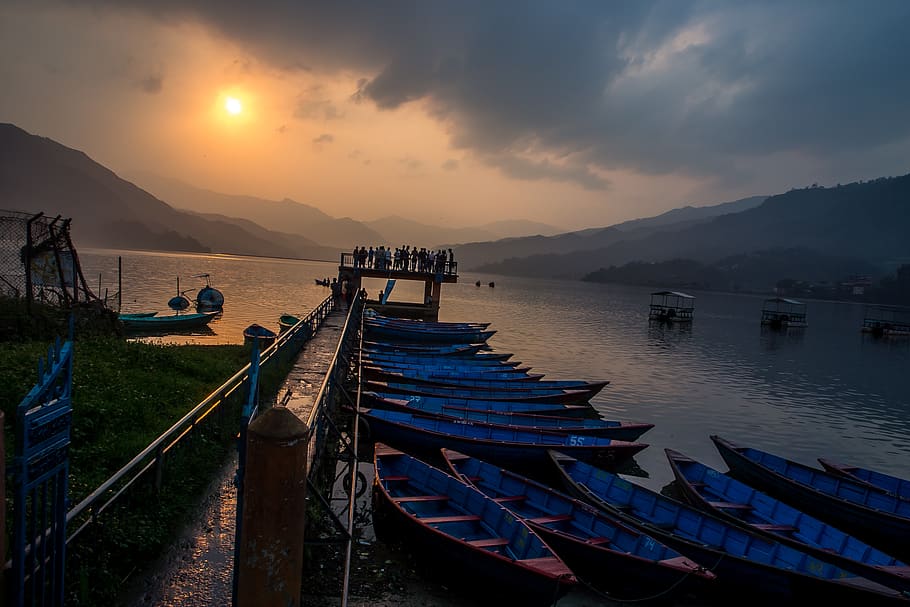 nepal, pokhara, sunset, water, sky, nautical vessel, transportation, HD wallpaper
