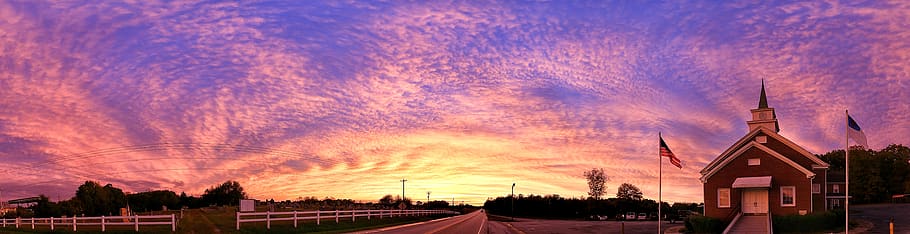 church, sunset, fire, road, evening, dusk, sky, architecture HD wallpaper