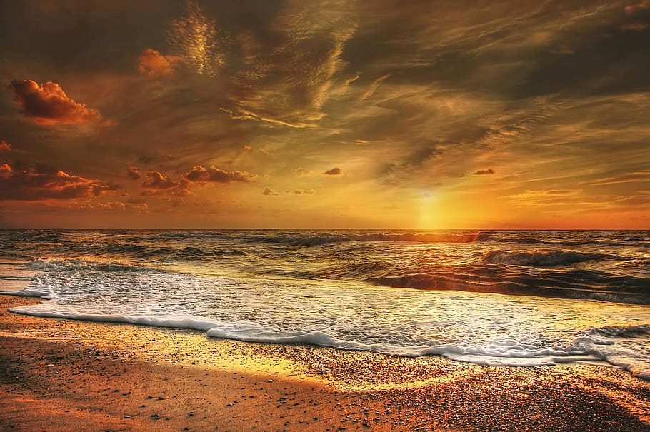 Sunset Seashore Waves, atmosphere, atmospheric, beach, clouds, HD wallpaper