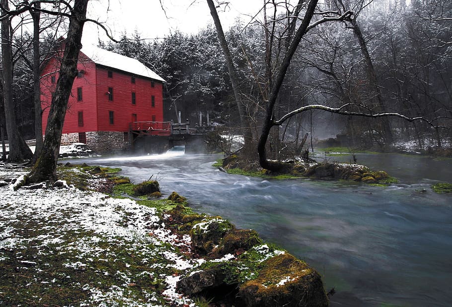 gristmill, building, old, historical, scenic, stream, water HD wallpaper