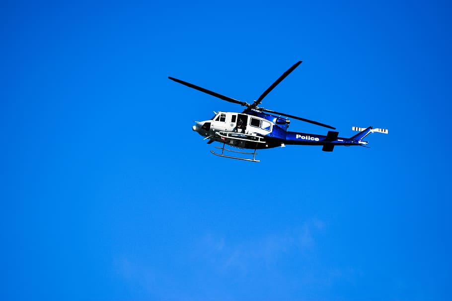 white and blue Police chopper flying in the sky, helicopter, aircraft, HD wallpaper