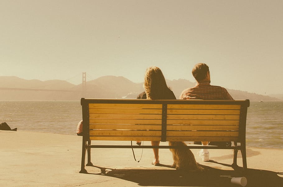 love, nature, bench, sit, observe, sea, water, blue, two people HD wallpaper