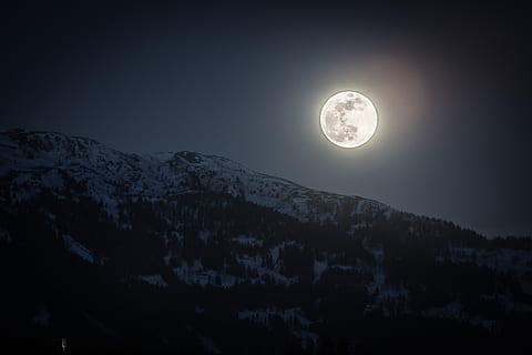 full moon, mountain, night, super full moon, mood, magic, evening HD wallpaper