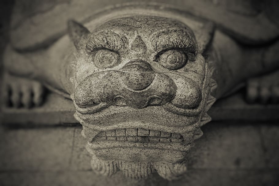 gray concrete foo dog statue, sculpture, art and craft, creativity HD wallpaper