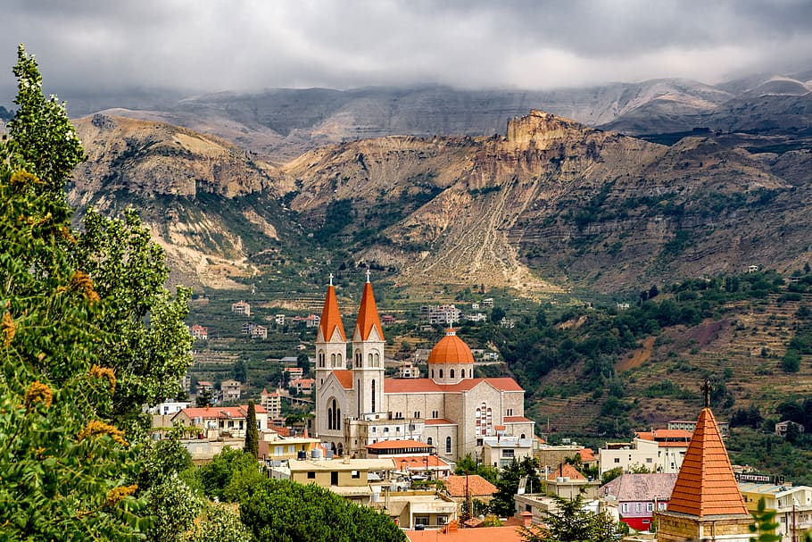landscape, village, church, catholic, maronite, mountain, lebanon, HD wallpaper