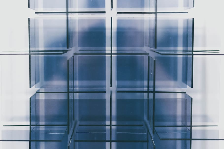 clear glass cube shelves, abstract, technology, minimalistic HD wallpaper