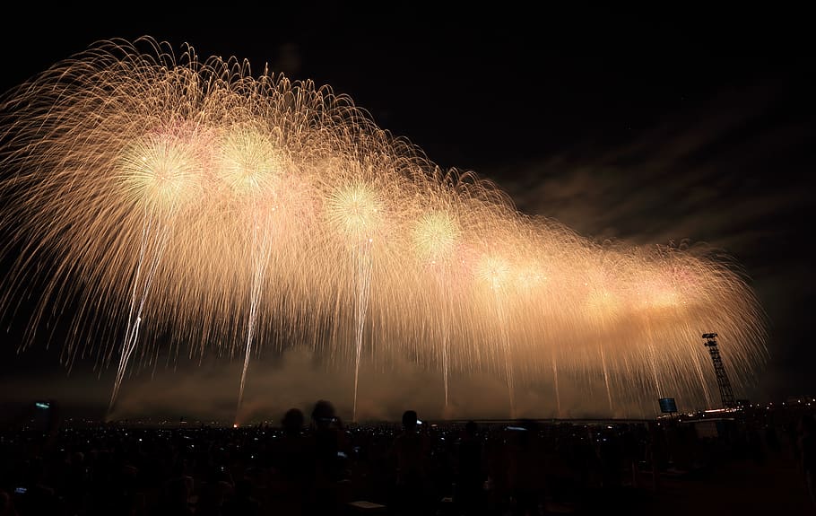 fireworks, spark, clouds, sky, nature, smoke, celebration, party HD wallpaper