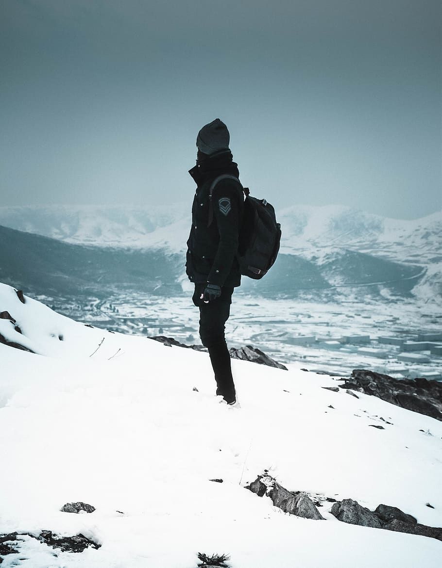 Person Standing on Snow Capped Mountain, adventure, backpack HD wallpaper