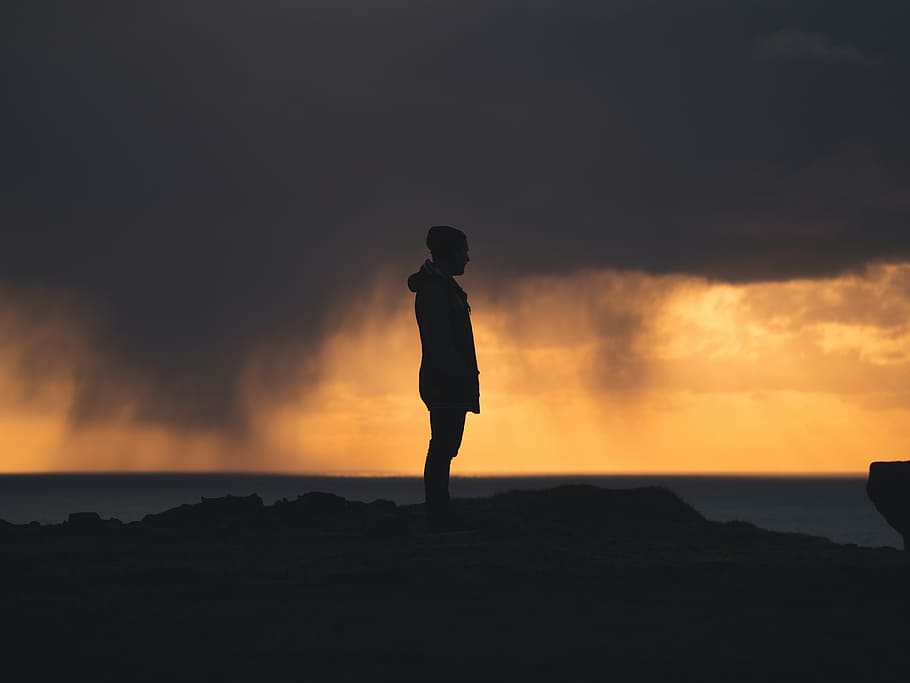 silhouette of man, cloud, portrait, orange, storm, sunset, sky HD wallpaper