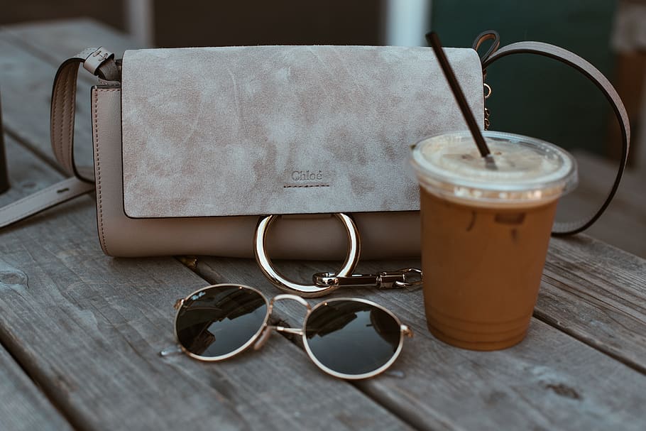 Leather Crossbody Bag Beside Drink And Sunglasses, accessory HD wallpaper