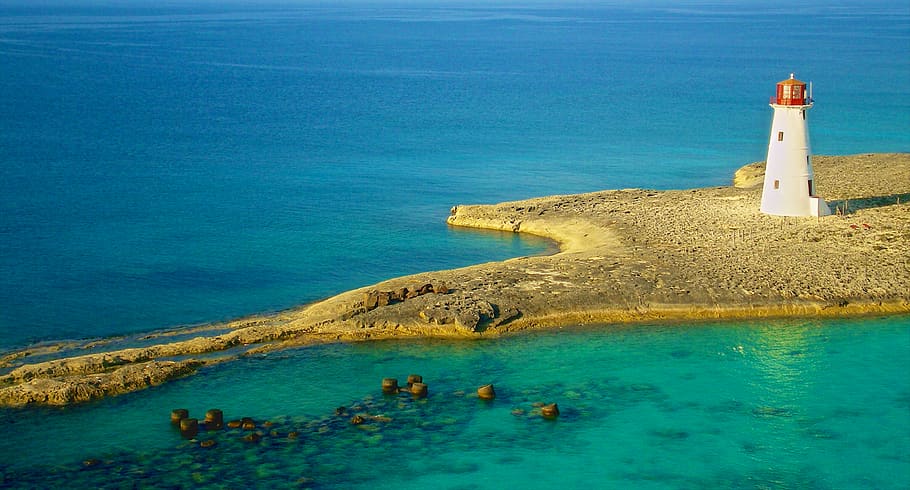Bird's Eye Photography of White Lighthouse on Island, bay, beach HD wallpaper