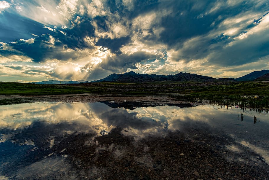 sun, lake, reflection, mountain, cloud, afternoon, cloud - sky HD wallpaper