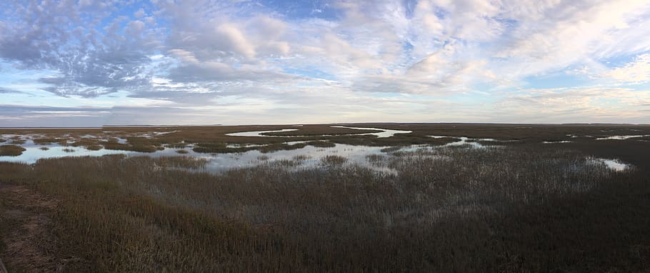 Panoramic Photo Of River, clouds, grass, marsh, sky, water, cloud - sky HD wallpaper
