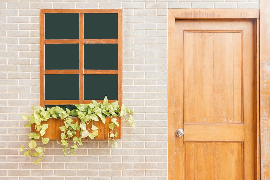 Photo of Wooden Door Near Window, brickwall, building, closed HD wallpaper