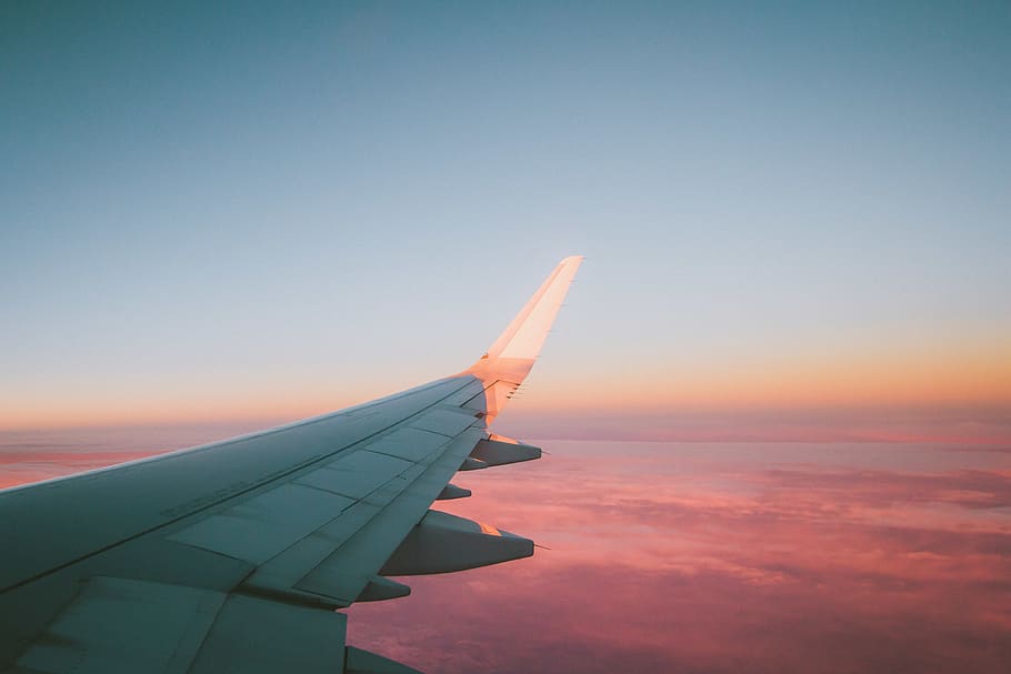 sky, window, plane, sunrise, airplane, clouds, nature, gradient HD wallpaper
